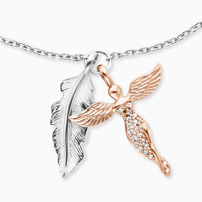 Engelsrufer women's silver bracelet with feather pendant and rose gold guardian angel