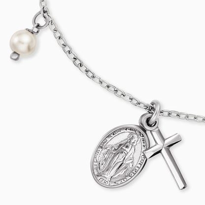 Engelsrufer silber Armband mit Symbol Anhänger Kreuz, Maria und Perlen