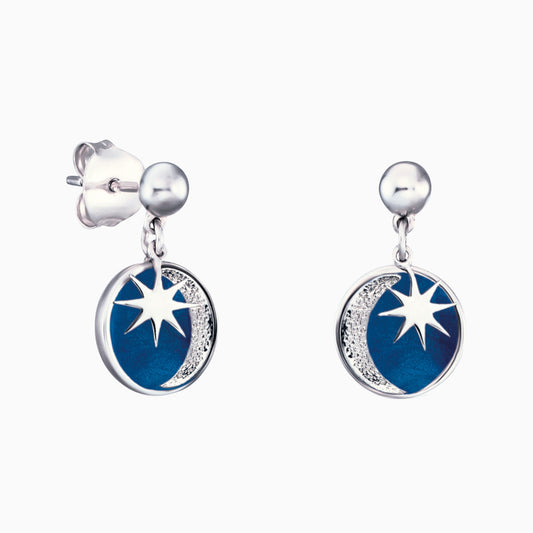 Silver stud earrings with sun, moon & star pendants