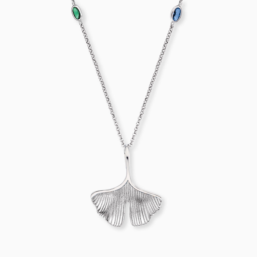 Engelsrufer Damen Silber Halskette 45+5 cm mit farbigem Zirkonia, Ginkgo und Libelle Anhänger