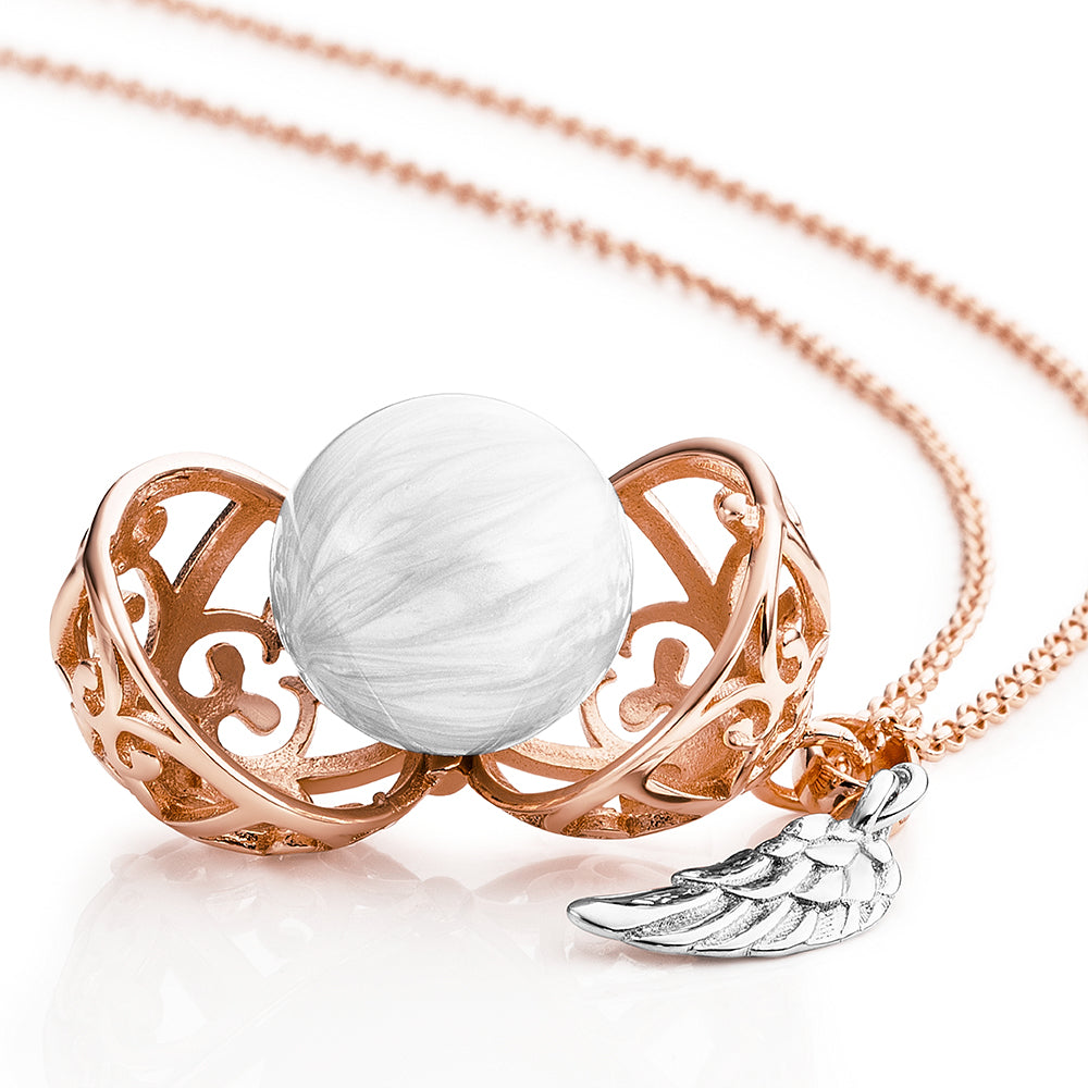 Engelsrufer women's necklace rosé with wing pendant and Chime in mother-of-pearl white in 45 + 5 cm