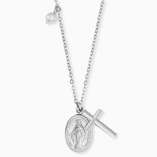 Engelsrufer Silberkette Damen mit Kreuz, Maria und Perle Anhänger