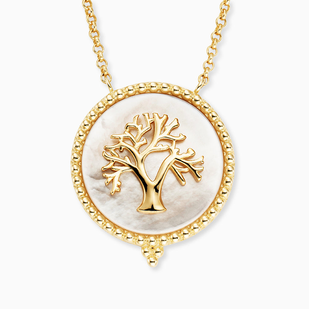 Engelsrufer Damen-Kette in gold mit Lebensbaum auf weißem Perlmutt