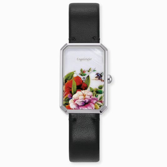 Engelsrufer analog ladies watch flower silver with black leather strap