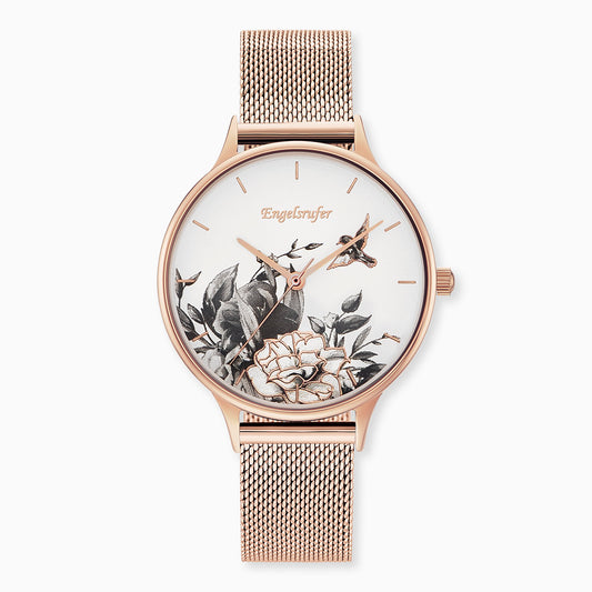Engelsrufer Armbanduhr Blume im Ziffernblatt mit wechselbarem Mesh Edelstahl Armband rose