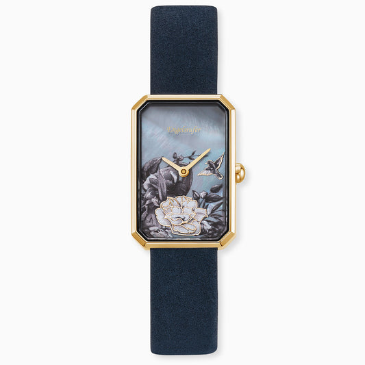 Engelsrufer women's watch analogue flower gold with nubuck leather strap midnight blue