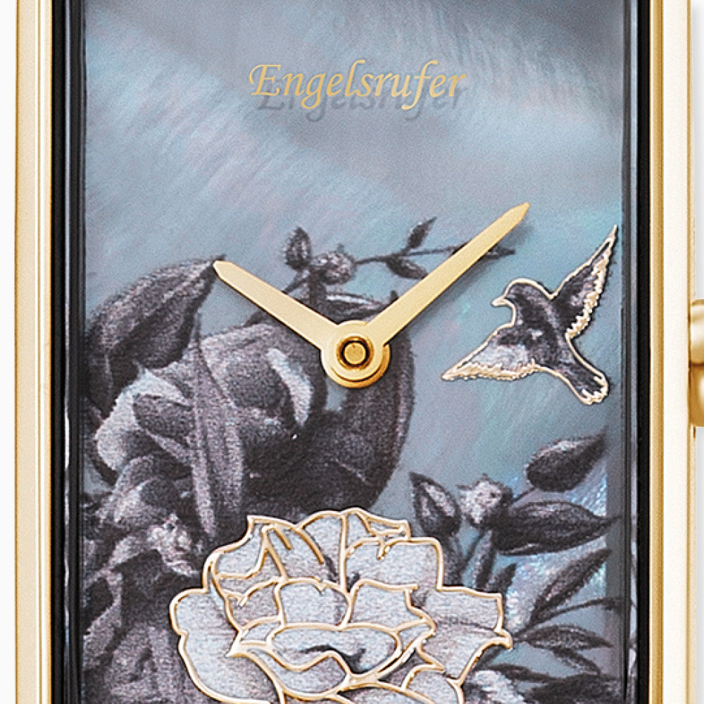 Engelsrufer Damen-Uhr analog Blume gold mit Nubuk Lederarmband nachtblau