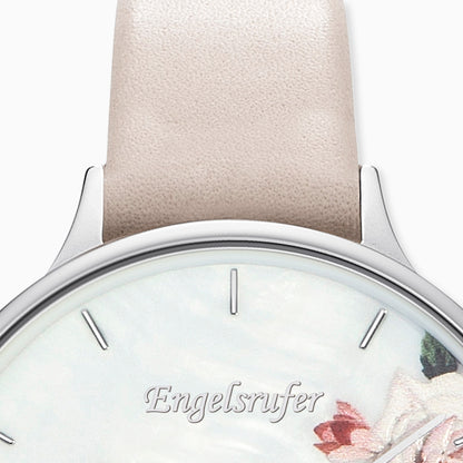 Engelsrufer Damen-Uhr analog Blume silber mit Lederband in beige