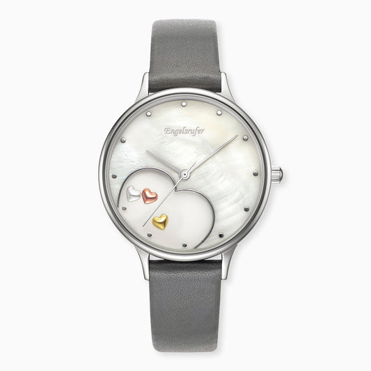 Engelsrufer watch analog silver with hearts and gray nubuck leather bracelet