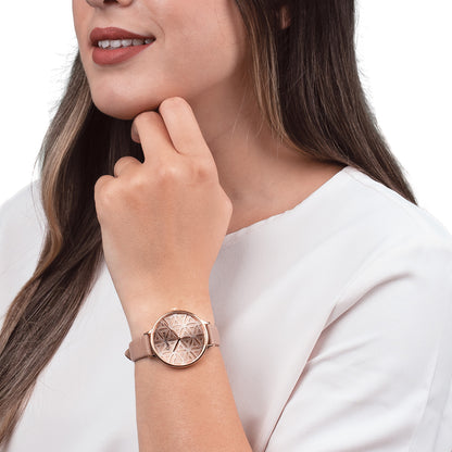 Engelsrufer Uhr Damen Lebensblume rosegold mit Glattleder Armband hellbraun