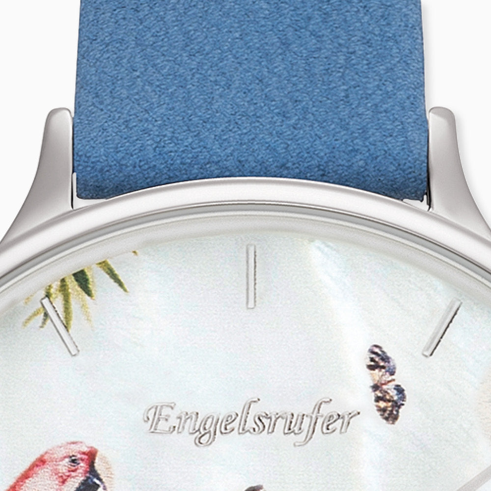 Engelsrufer analog watch with tropical silver dial and azure blue nubuck leather strap