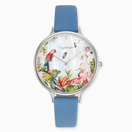 Engelsrufer analog watch with tropical silver dial and azure blue nubuck leather strap
