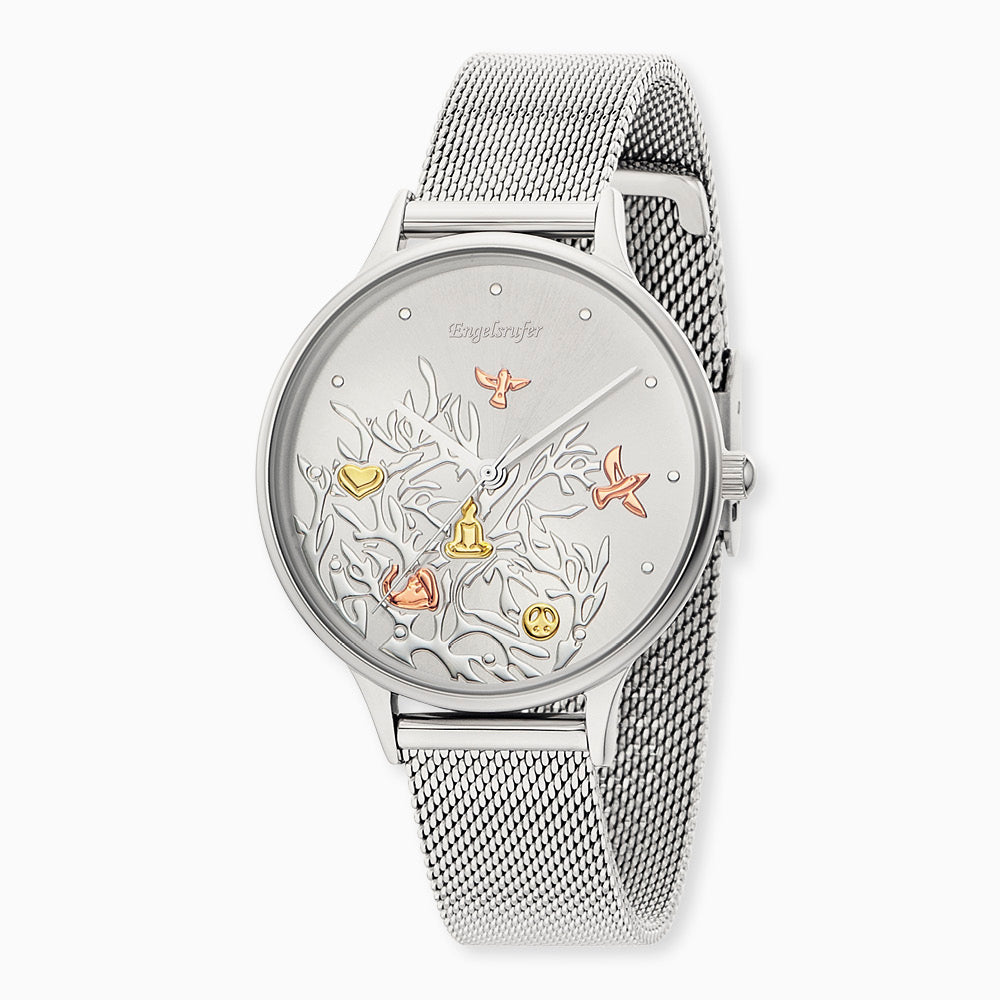 Engelsrufer Damen-Uhr Lebensbaum analog silber mit Mesh Armband (wechselbar)