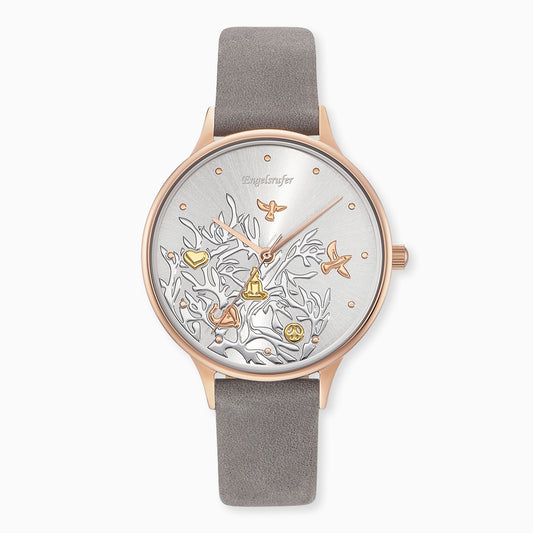 Engelsrufer women's watch tree of life rose gold with gray leather strap (changeable)