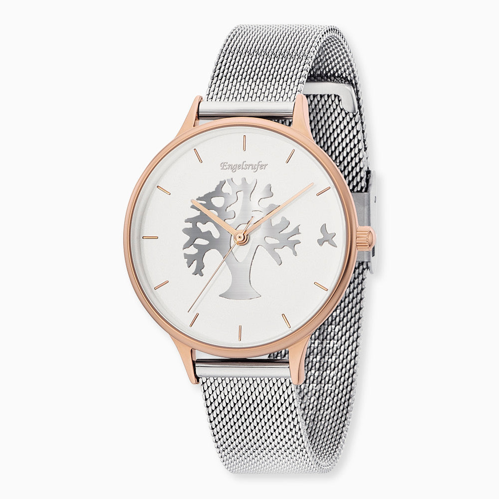 Engelsrufer Uhr analog Lebensbaum bicolor mit silber Mesh Edelstahl Armband (wechselbar)