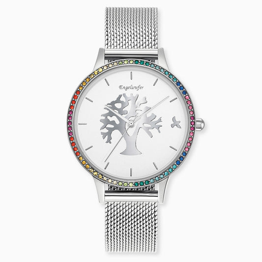 Engelsrufer watch tree of life silver with multicolored zirconia stones and silver mesh strap