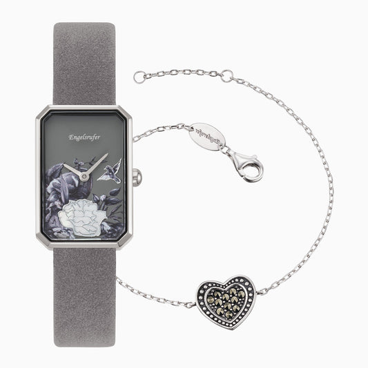 Set watch flower gray with silver mesh strap and heart bracelet