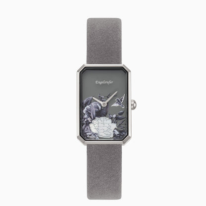 Set Uhr Blume grau mit Meshband silber und Herz Armband