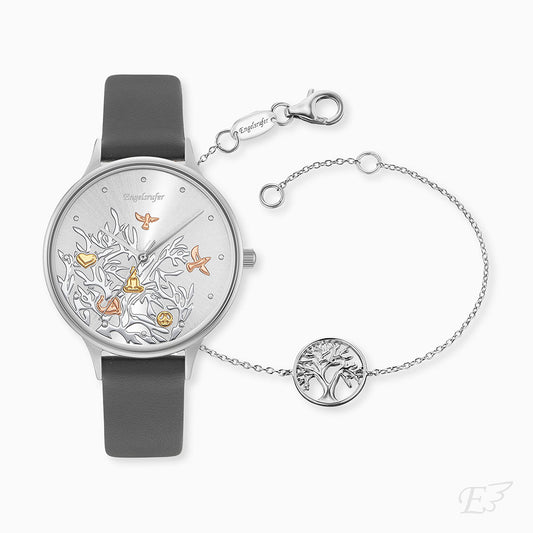 Engelsrufer watch set Tree of Life Tricolor with leather strap and sterling silver bracelet