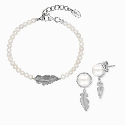 Engelsrufer Ohrringe und Armband für Damen: Sterlingsilber mit Federsymbol und zarten Perlendetails