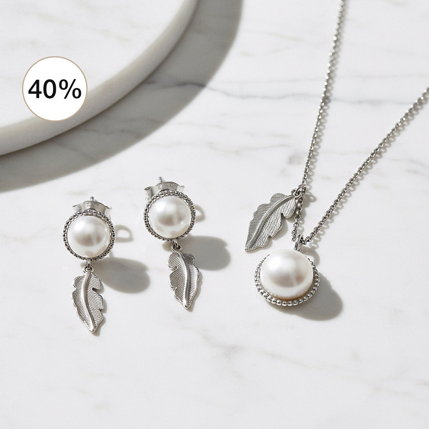 2er Schmuckset 925er Silber Halskette Ohrstecker mit Muschelkernperlen